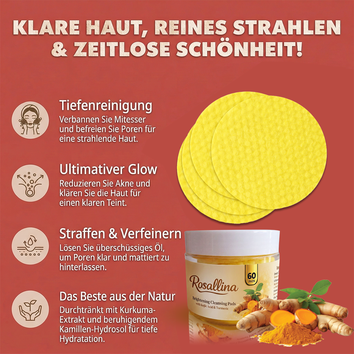 Rosallina Kojic Acid Exfoliating Pads – 60 Count